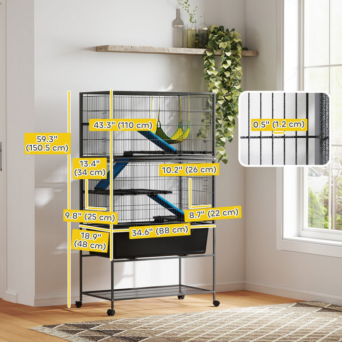 PawHut 59"H 5-Level Ferret Chinchilla Rabbit Guinea Pig Cage, Metal Small Animal Critter Nation Cage with Slide Out 6.3L Deep Tray, Non-Slip Ramps, Hammock, for Pet Mink, Squirrel