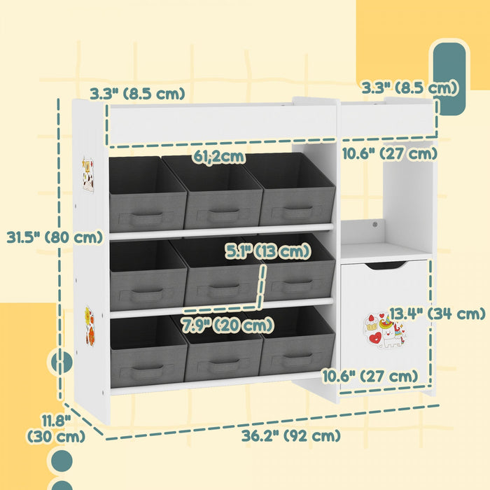 Qaba Toy Storage Organizer, Kids Bookshelf With 9 Non-woven Fabric Boxes, Storage Cabinet & Shelves, Toy Shelf For Kids Room, Nursery, Playroom, White