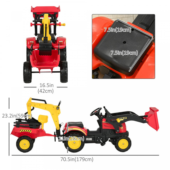 Aosom 3 In 1 Kids Ride On Excavator Toy With 6 Wheels, Bulldozer With Controllable Cargo Trailer & E