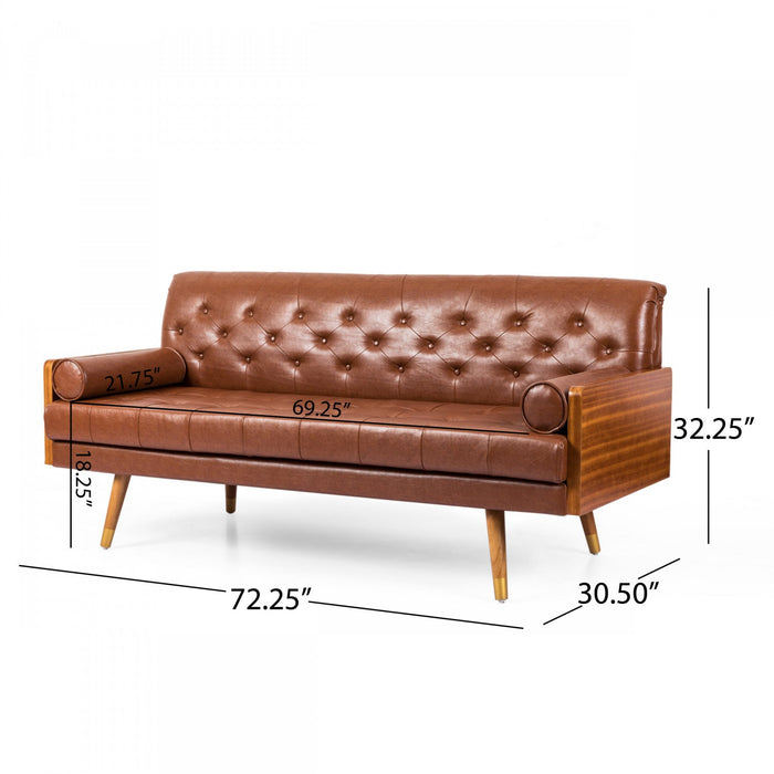 Aidan 3-seater Tufted Pu Leather Sofa With Rolled Pillows - Light Brown 