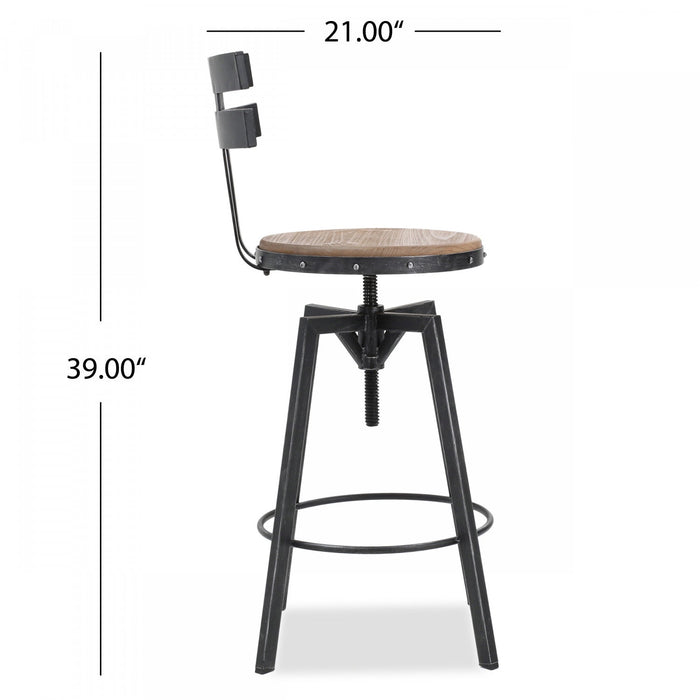 Denise Bar Stool With Swivel & Adjustable Wood Seat, Metal Frame - Antique Black 