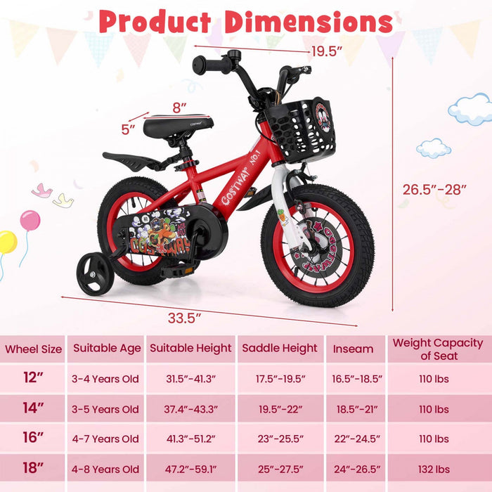 Costway 12" Kid's Bike For 3-4 With Height-adjustable Handlebar & Saddle Handbrake Red