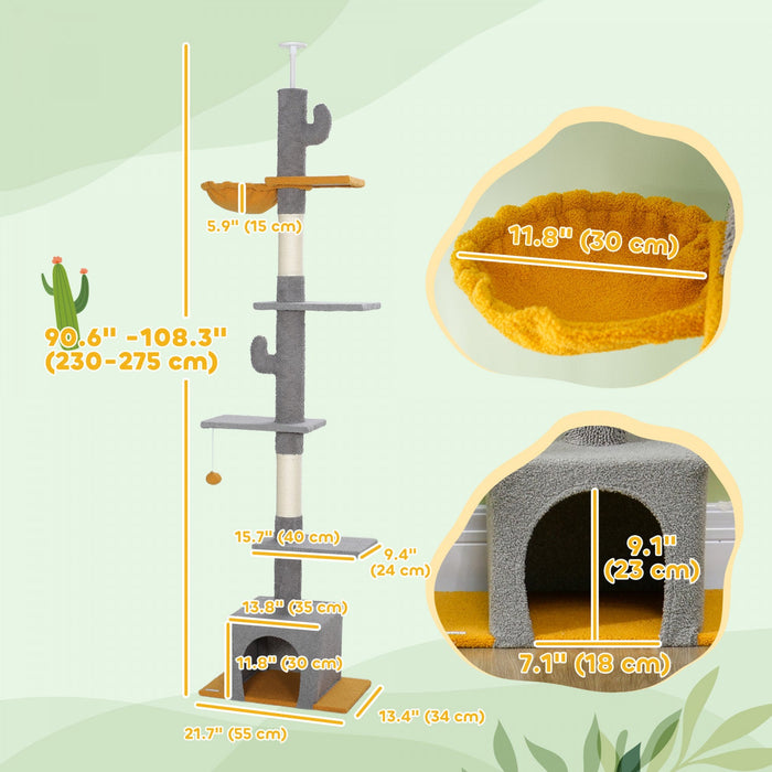 Pawhut Floor To Ceiling Cat Tree, Cat Tower With 90.5\"-108\" Adjustable Height, 5 Tier Activity Centr