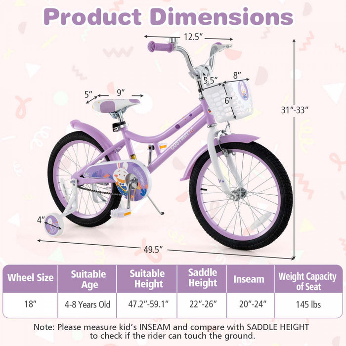 Costway 18" Girl Bike With Basket Detachable Training Wheels Adjustable Seat Handbrake Coaster Brake Purple