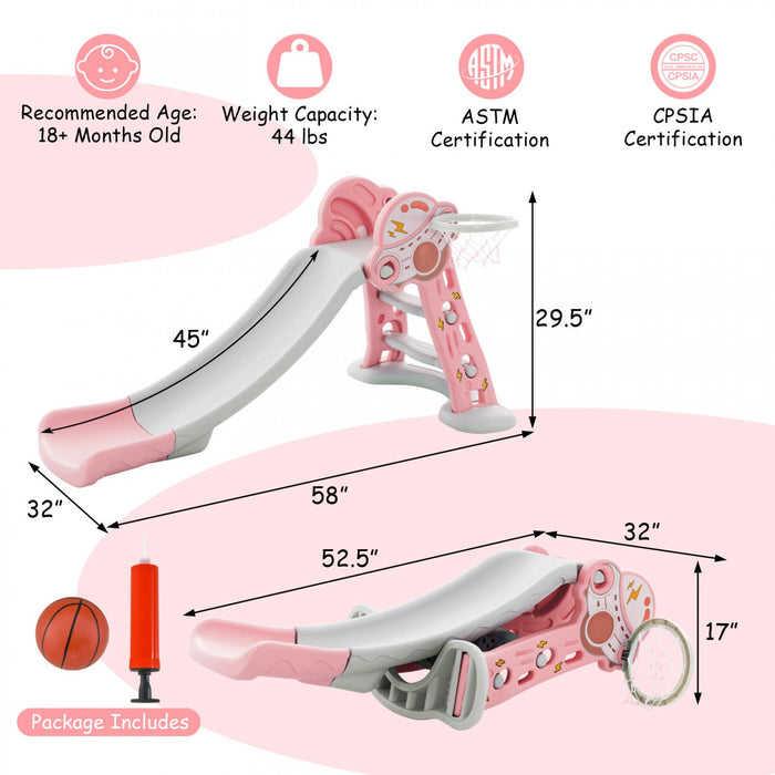 Costway 3-in-1 Kids Indoor Slide With Basketball Hoop & Basketball, Safe Buffer Zone Pink
