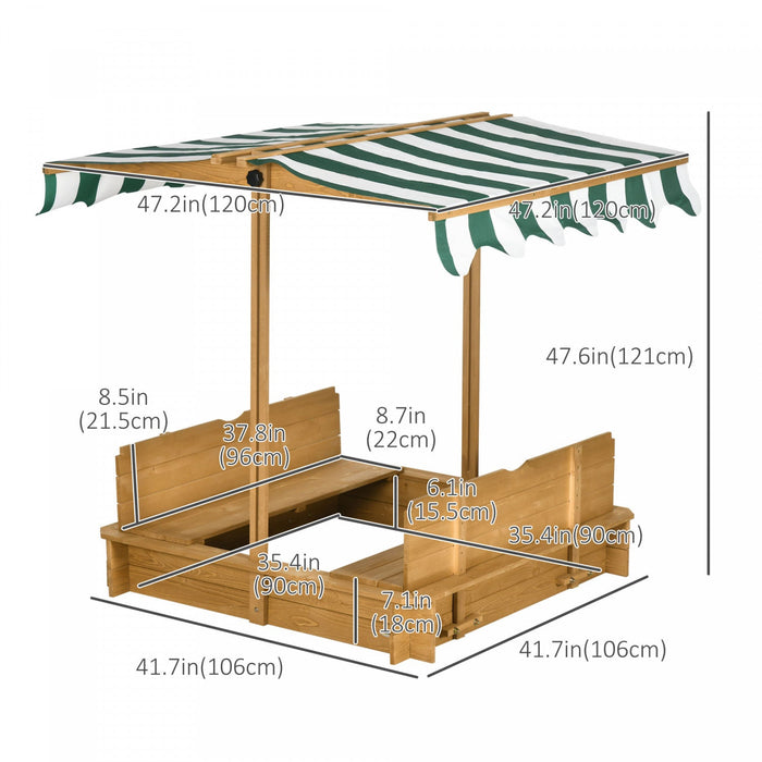 Wooden Kids Sandbox With Cover, Children Outdoor Sand Play Station With Foldable Bench Seats, Adjust