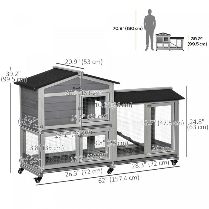 Pawhut 62\" Wooden Rabbit Hutch, Bunny Cage With Wheels, Run Box, Tray, Ramp For Small Animals, Guine