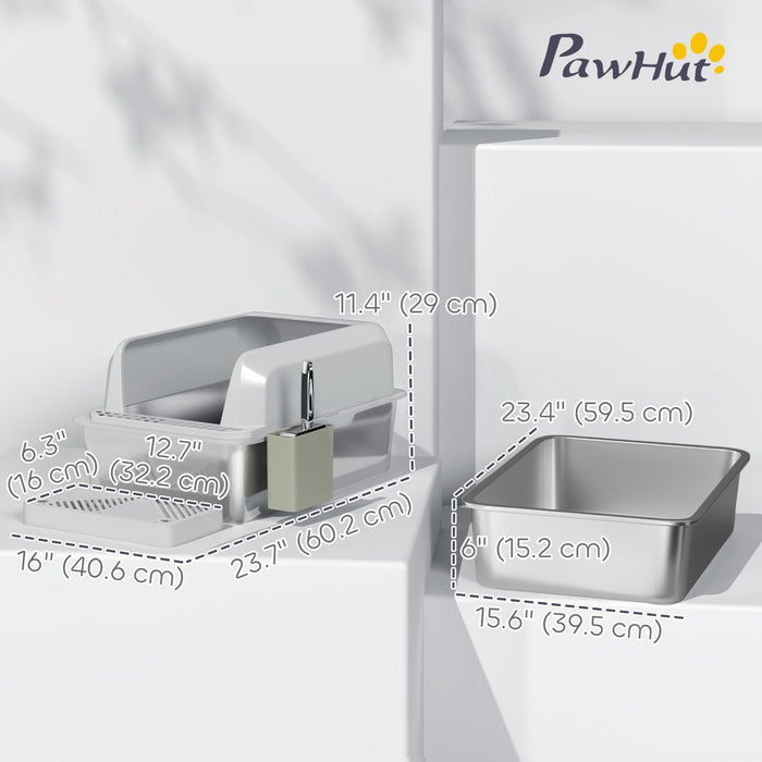 Pawhut Stainless Steel Cat Litter Box, 24" X 16" X 11" Cat Litter Box High Sided Wall, Metal Litter Box With Metal Scoop & Holder, Non-sticky, Easy To Clean, Anti-urine Leakage