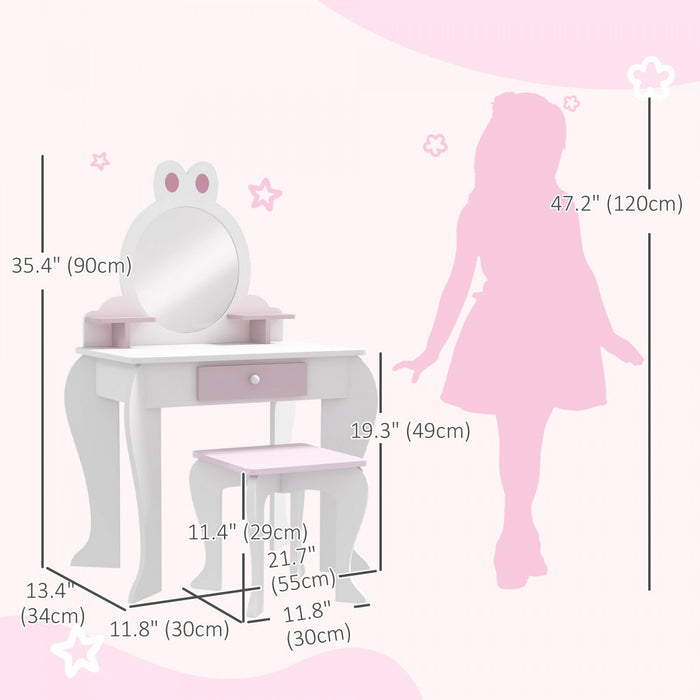 Qaba Kids Vanity Set With Mirror And Stool, Makeup Vanity Table For Children 3-6 Years Old, With Dra