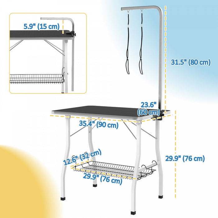 Pawhut 35in Dog Grooming Table With Adjustable Arm, Foldable Pet Grooming Table With Mesh Tray, Two 
