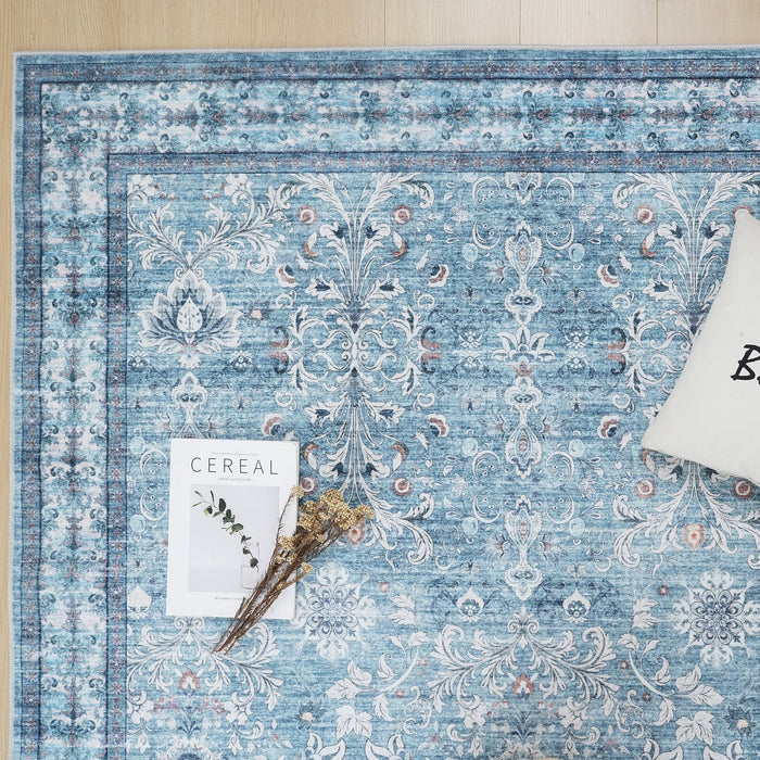 Aqua Green Flora Washable Non-slip Low Pile Area Rug 5'x7' 