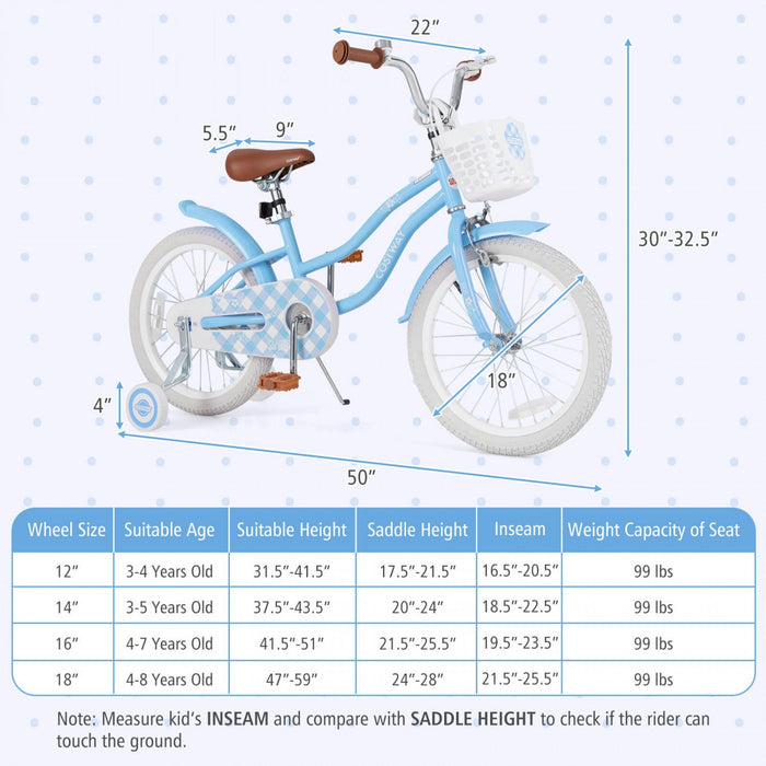 Costway 18" Kids Bike Toddler Bicycle With Training Wheel Kickstand For 4-8 Years Blue