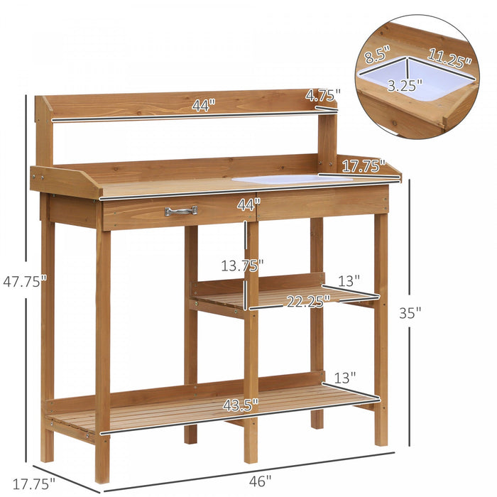 Outsunny Potting Bench Table Garden Work Bench Workstation with Drawer, Removable Sink, Storage Shelves and Hooks for Patio, Courtyards, Balcony, Natural