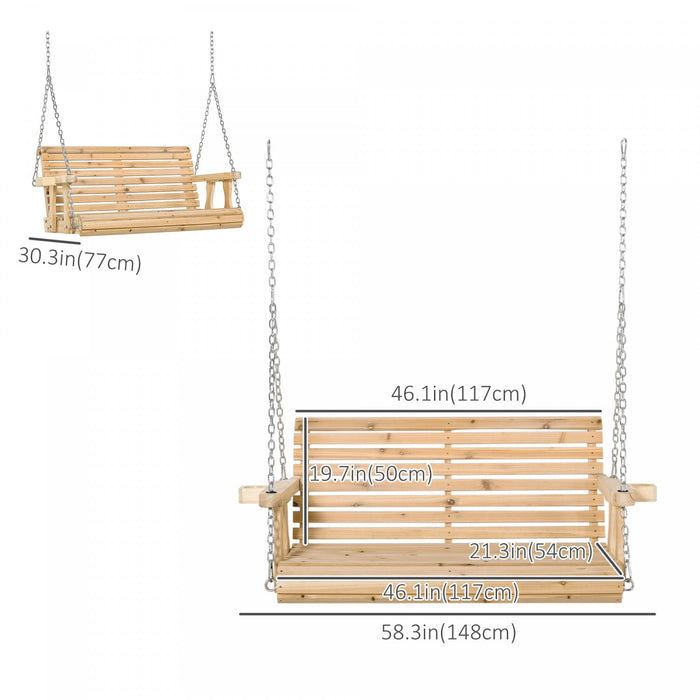 Outsunny 2 Seater Porch Swing Wooden Patio Swing Chair Seat With Cup Holder And Chains Outdoor Swing