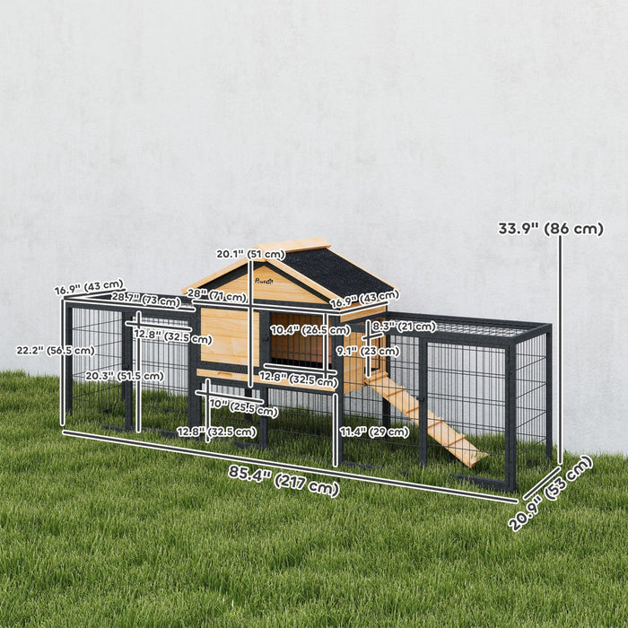 PawHut Rabbit Hutch Outdoor, 85"L Large Wooden Bunny Cage with Run Box, Removable Plastic Tray, Asphalt Roof, Ramp, Guinea Pig Cage for 2-3 Small Animals Backyard Garden, Yellow
