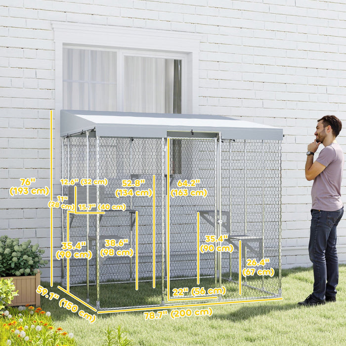 Pawhut Catio Outdoor Cat Enclosure Large, 79" L Galvanized Steel Outdoor Cat House With 420d Waterproof Canopy, Multiple Platforms, Resting Condo, Lockable Door, For 1-3 Large Cats