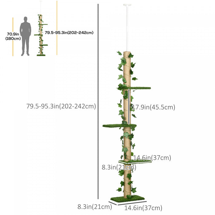 Pawhut 4-tier Floor To Ceiling Cat Tree, Height(80-95inches)adjustable, Tall Cat Tower W/ Anti-slip 