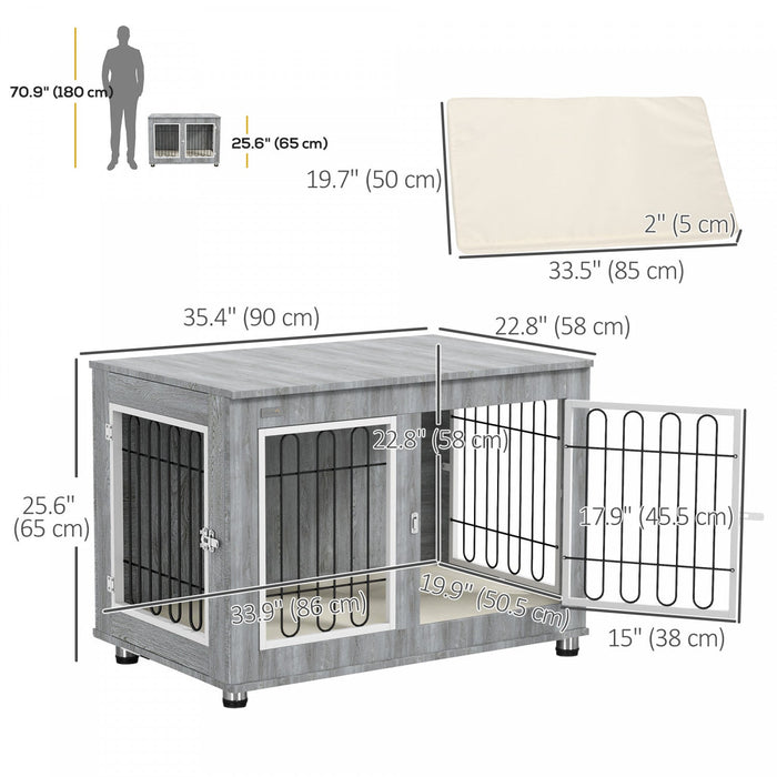 Pawhut 35in Dog Crate End Table With Soft Cushion, Double-door Dog Crate Furniture For Medium Large 