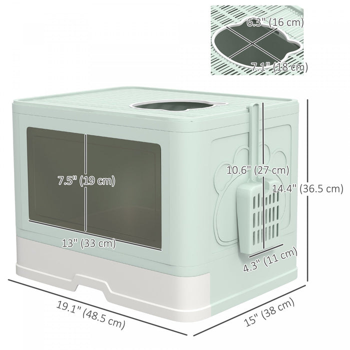 PawHut Foldable Cat Litter Box with Lid, Front Enter & Top Exit Kitten Litter Box Fully Enclosed, Pull-Out Drawer Type Large Cat Toilet with Scoop, Self-Groomer for Kitties, Green