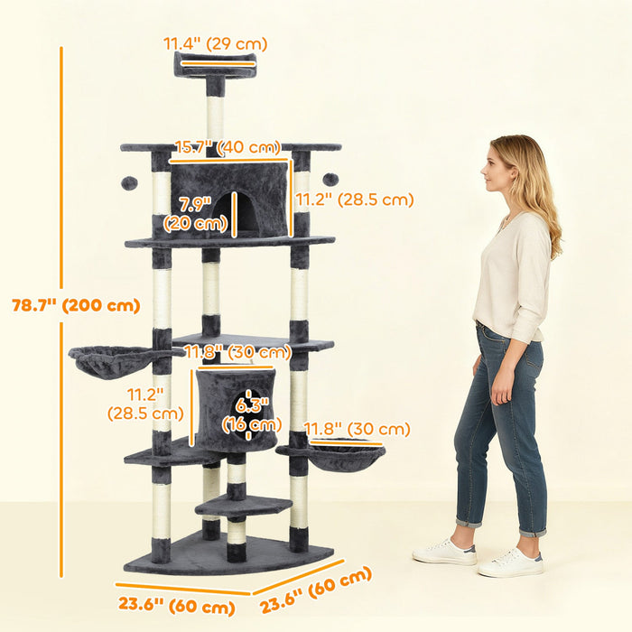 PawHut 79" Cat Tree Tower, Large Cat Condo Furniture, Multi-Level Cat Tower with Scratching Posts, Cozy Hammock, Dangling Balls - Dark Grey