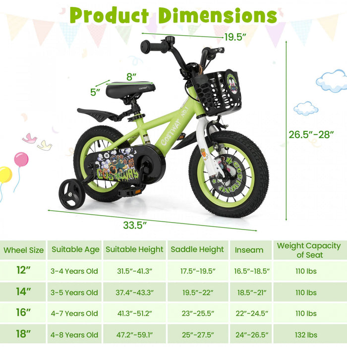 Costway 12" Kid's Bike For 3-4 With Height-adjustable Handlebar & Saddle Handbrake Green