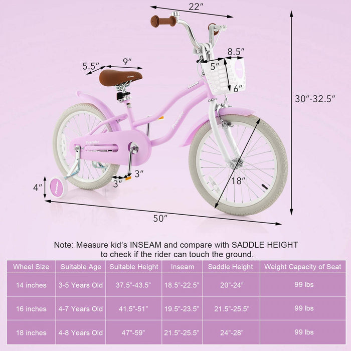 Costway 18" Kids Bike Toddler Bicycle Withtraining Wheel Kickstand For 4-8 Years Purple