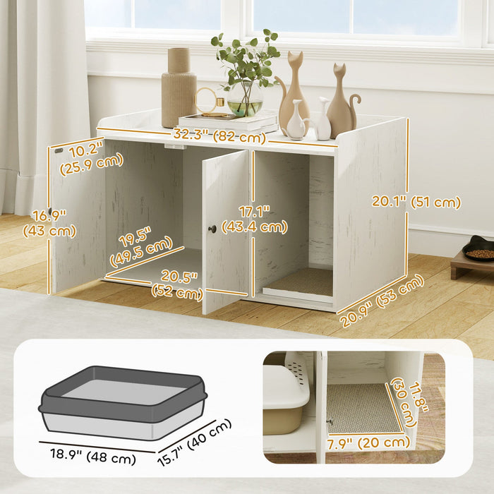Pawhut Litter Box Enclosure, 32" Hidden Washroom Furniture With Scratching Mat, Cat Entrance, Indoor Pet House, Side End Table Fit Most Of Cat And Litter Box, Distressed White