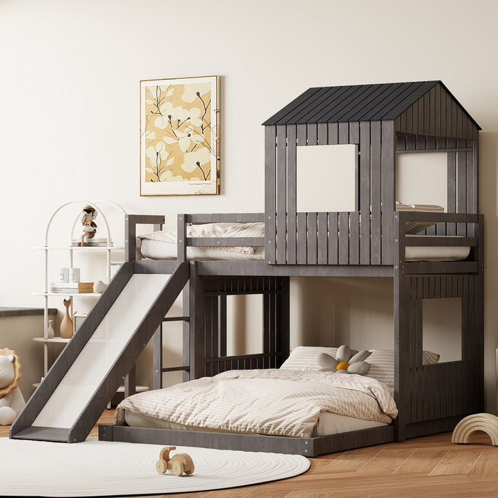 Marico Twin Over Solid Wood Full Bunk Bed With Slide, Playhouse Design - Antique Grey 