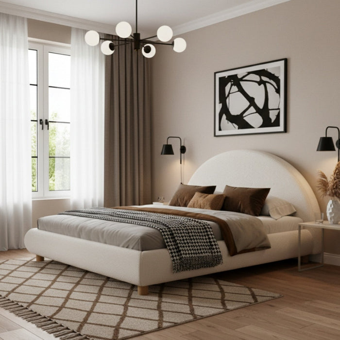 Harold Platform Bed with Boucle Upholstered Round Curved Headboard and Low-Profile Frame,Queen Size,White Queen Bed  