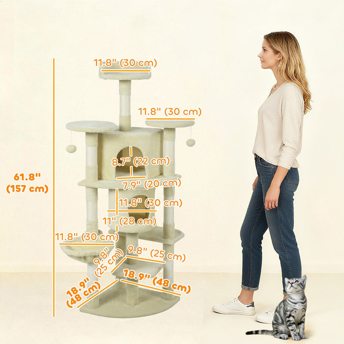 PawHut Cat Tree, 62" Multi-Level Cat Tower with Scratching Posts, 2 Condos, Hammock, Perches, Plush, Pompoms, for Indoor Kittens Playing, Resting, Sleeping, Beige