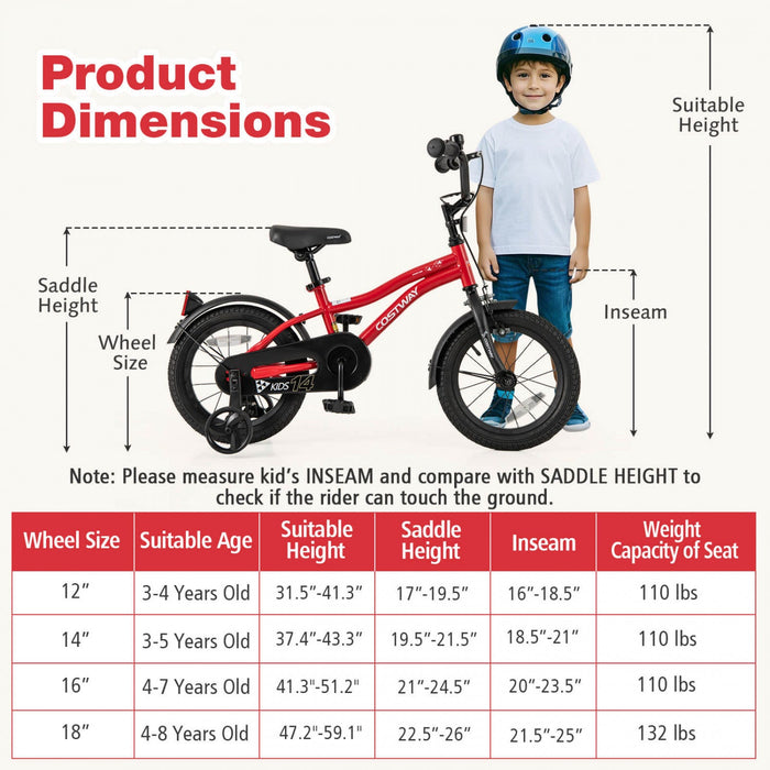 Costway 14" Kids Bike For 3-5 Years Old Boys & Girls With Adjustable Seat Handbrake Reflectors Red