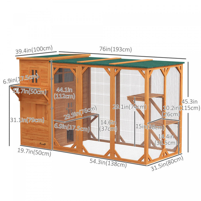 Pawhut Wooden Cat Catio, 76"l Walk In Outdoor Cat House With Asphalt Roof, Platforms, Lockable Doors, 3-tier Resting Condo, Observation Window, For 2-3 Cats, Orange