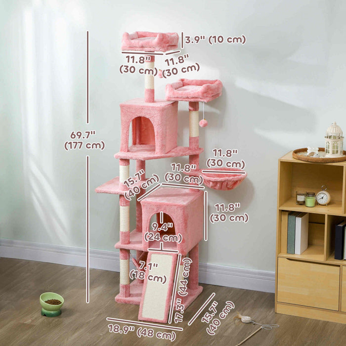 PawHut Cat Tree, 70" Multi-Level Cat Tower for Indoor with 2 Condos, 2 Plush Top Perches, Hammock, Platforms, Toy Balls, Sisal Scratching Posts and Board, Pink
