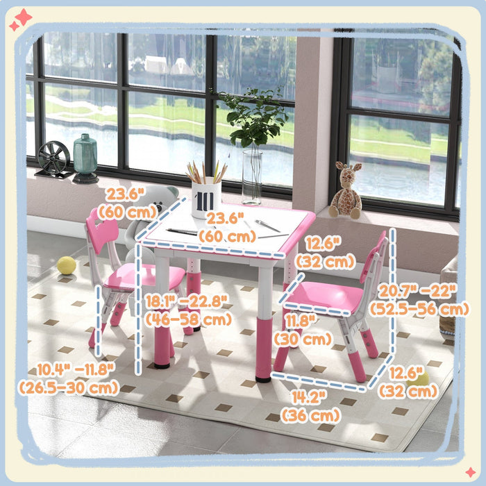 Qaba 3 Pieces Kids Table And Chair Set, Height Adjustable Toddler Table And Chair Set, Activity Tabl