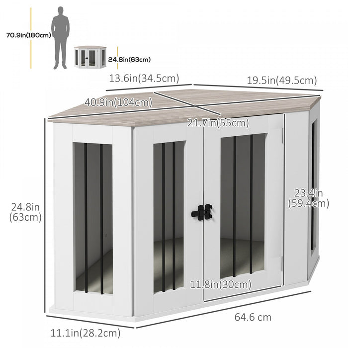 Pawhut Corner Dog Crate Furniture, 41\" Dog Crate End Table With Cushion, Door, Lock, Indoor Dog Cage