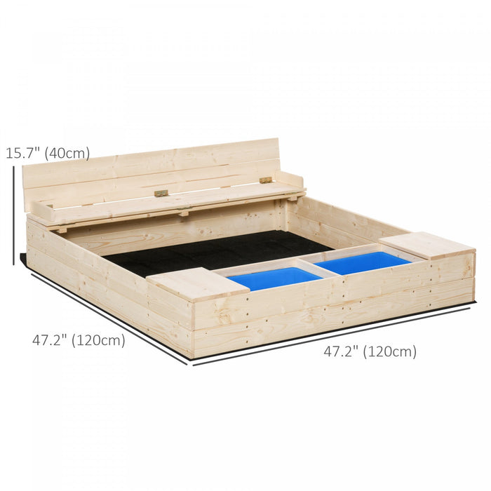 Outsunny Kids Sandbox with Cover, Wooden Sand Box with Foldable Bench Seat, 2 Plastic Boxes, Bottom Liner, Storage Space, Outdoor Sand Box for Kids Backyard, Garden