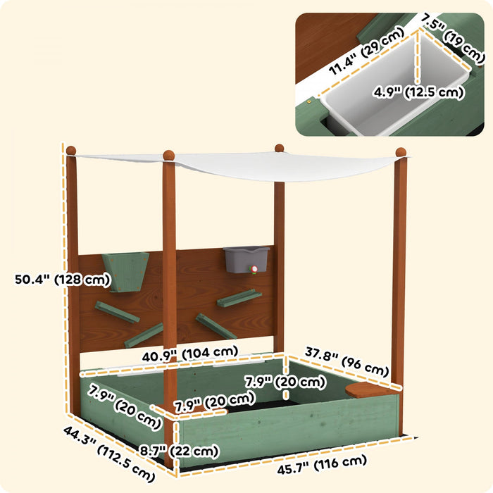 Qaba Kids Sandbox with Canopy, Sand Wall, Bottom Liner, 2 Storage Bins, Kids Outdoor Playset Sand Box for Backyard, Lawn, Garden, Beach, for 3-6 Years, 46" L x 44" W x 50" H