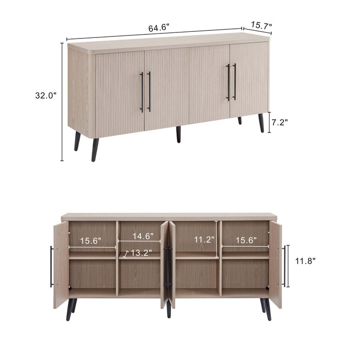 Jodie Mid-Century Modern 65\" Fluted Sideboard in Whitewashed Oak Buffet 