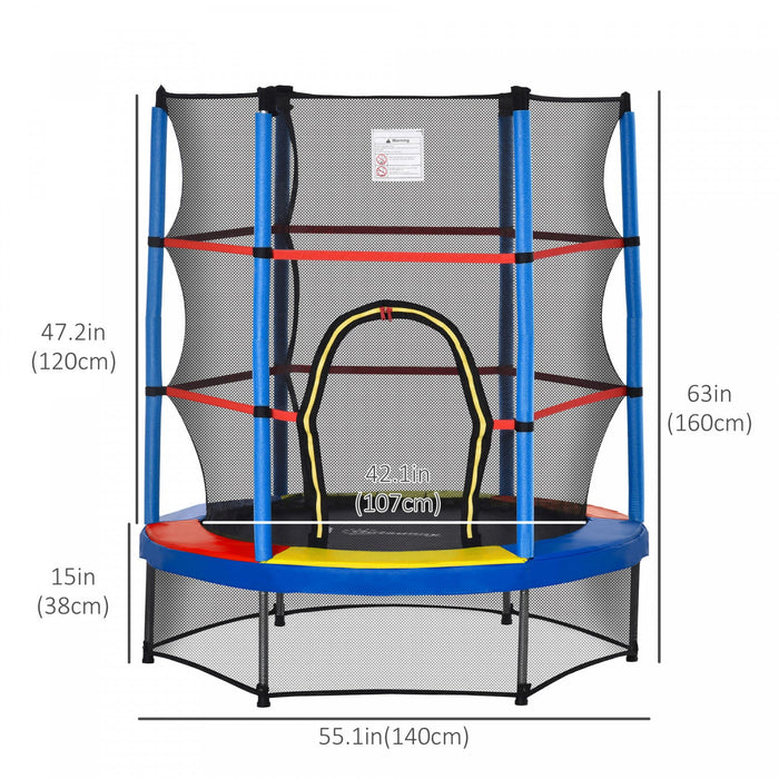 Outsunny Φ55\" Kids Trampoline With Enclosure Net Steel Frame Indoor Round Bouncer Rebounder Age 3 To