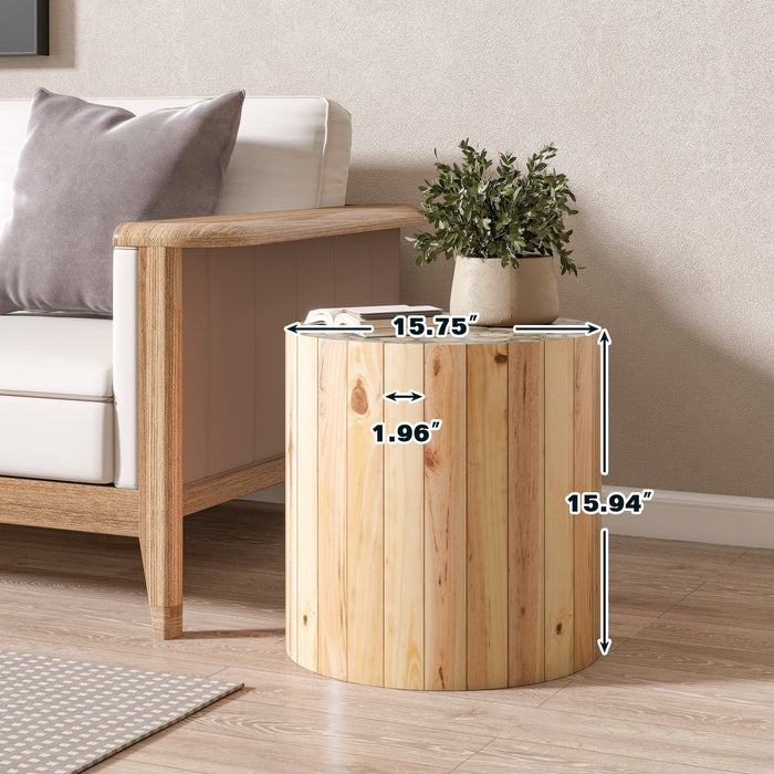 Liam Round Solid Wood End Table,Beige Brown  
