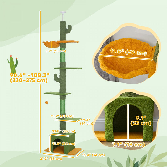 Pawhut Floor To Ceiling Cat Tree, Cat Tower With 90.5\"-108\" Adjustable Height, 5 Tier Activity Centr