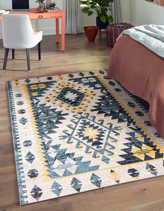 Mosaic Taupe/Blue Machine Washable Area Rug - 3'0\" x 5'0\"