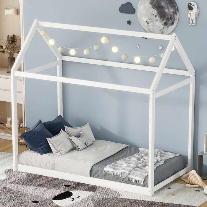 Susan Easy-clean Design Solid Wood House Bed With Roof Frame, Twin Size - White 