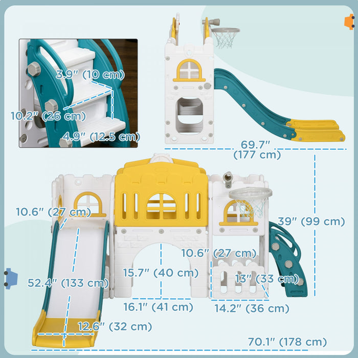 Qaba Toddler Slide, 7 In 1 Slide For Kids With Basketball Hoop, Climber, Telescope, Tunnel, Steering
