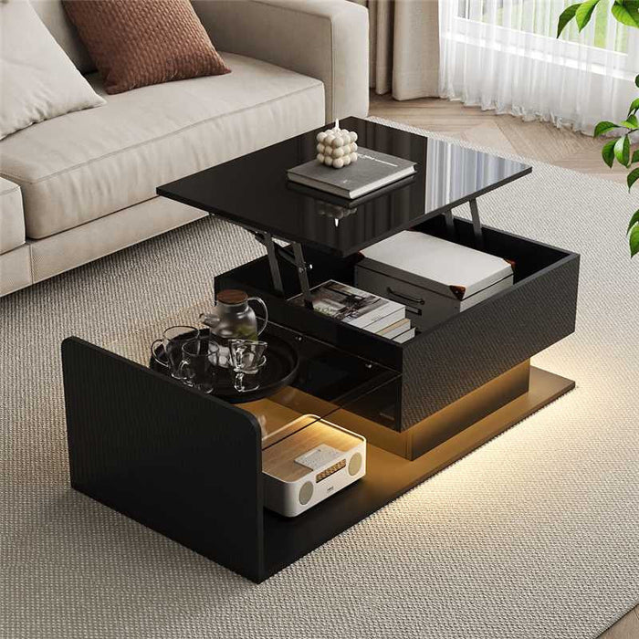 Jonson Modern Lift-top Coffee Table With Led Lighting,high-gloss Black 