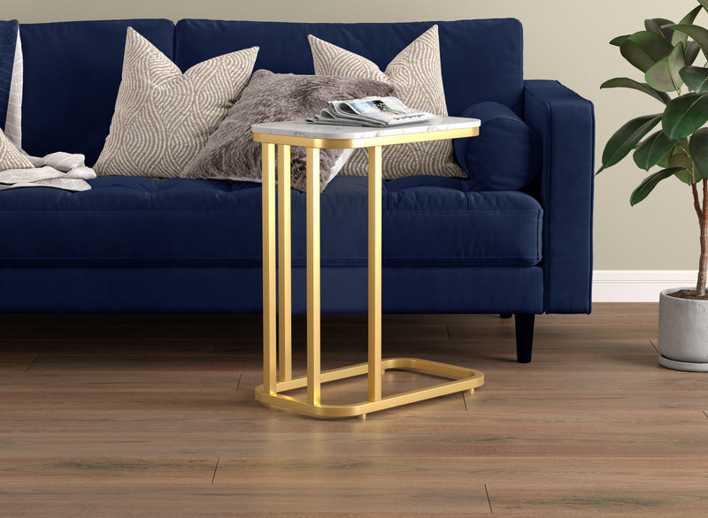 19” C-Shaped End Table - Marble Look With Gold Metal 