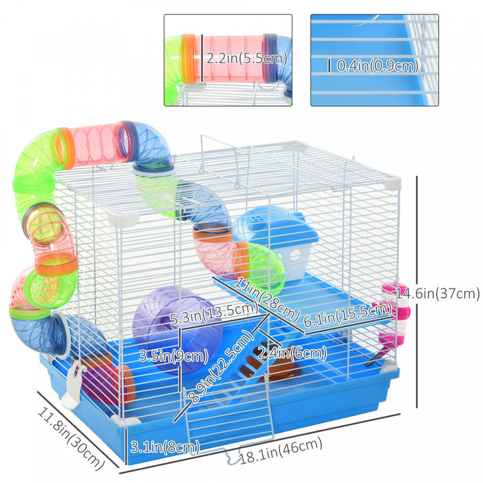 Pawhut 18\" Large Hamster Cage, Small Animal House, 2-level Gerbil Haven With Tunnel Tube System, Exe