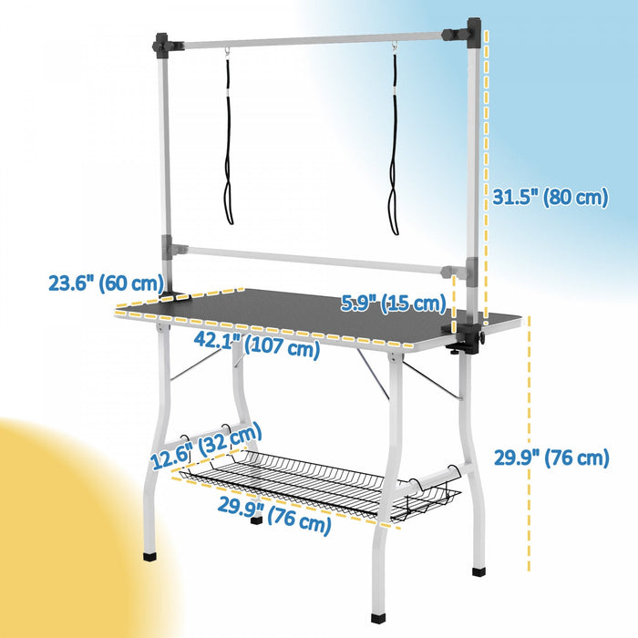 Pawhut 42in Foldable Dog Grooming Table, Pet Grooming Table With Adjustable Grooming Arms, Storage S