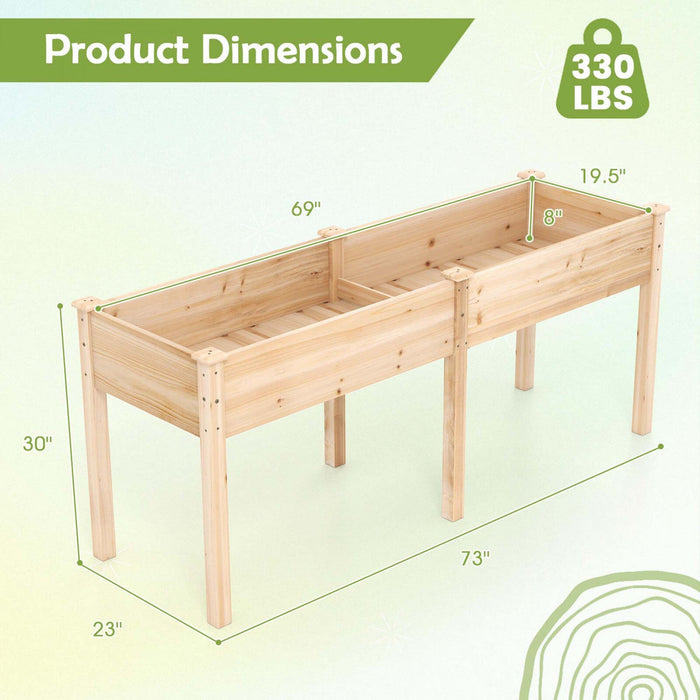 Costway Outdoor Raised Garden Bed With Legs 73x23x30in Wood Planter Box With Divider Panel Beige