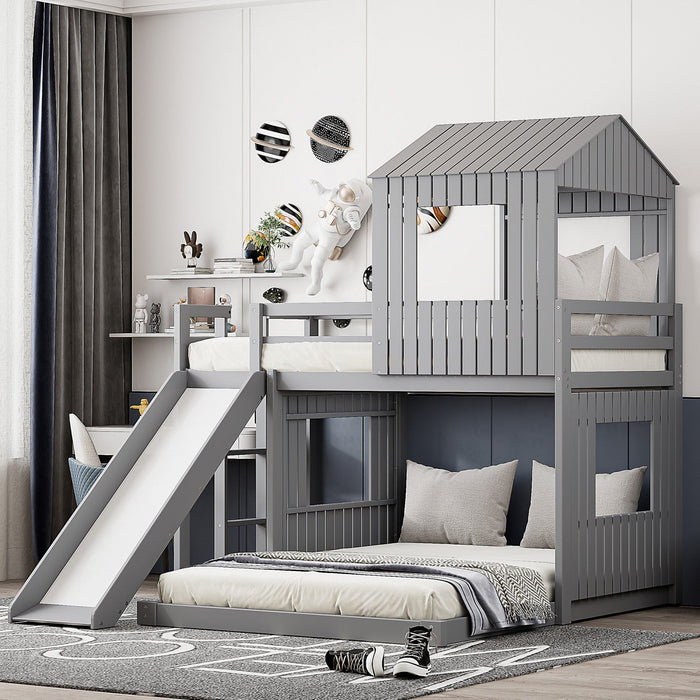 Marico Twin Over Solid Wood Full Bunk Bed With Slide, Playhouse Design - Grey 